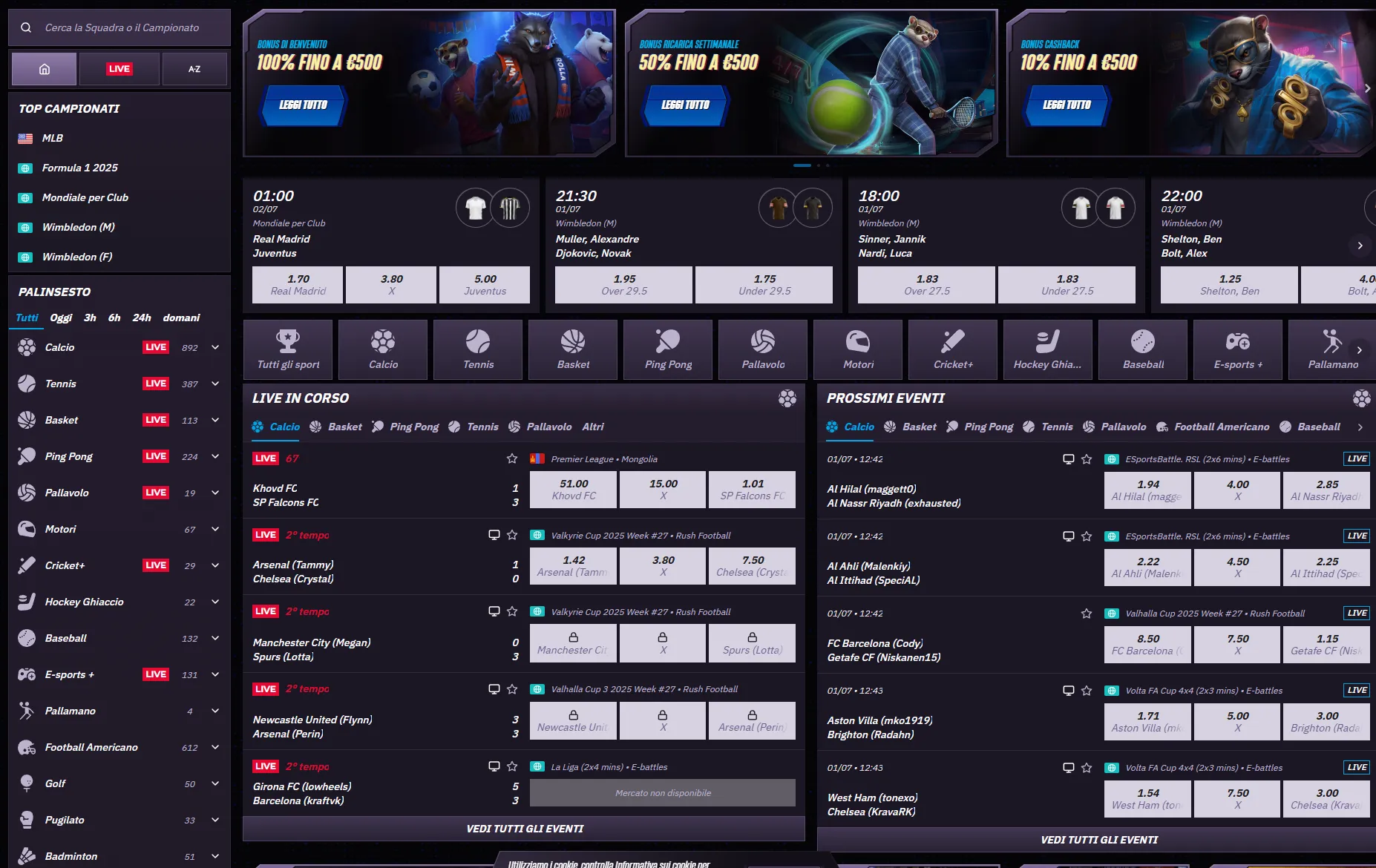 Piattaforma WinRolla Sport desktop e mobile con live score e interfaccia scommesse